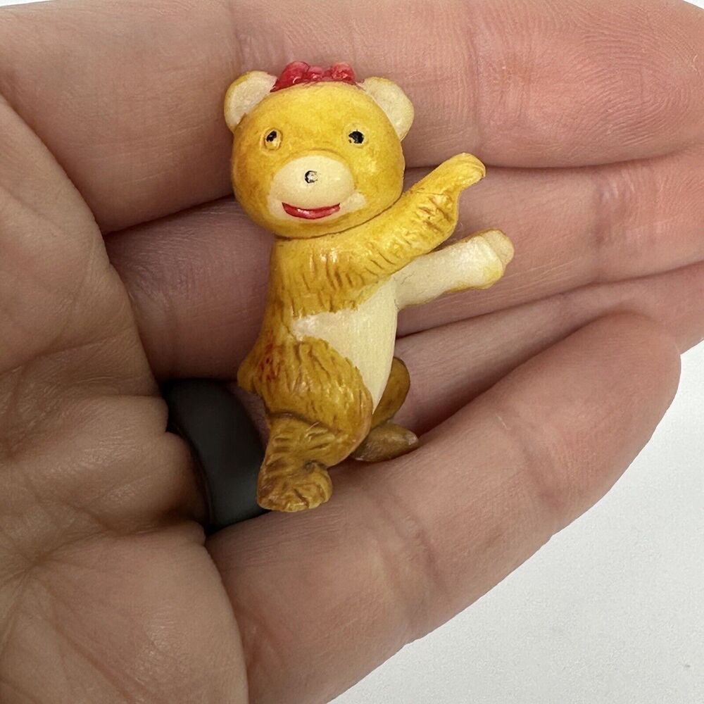 Vtg 1" Miniature Standing Bear Figurine Hong Kong Red Bow Arms Out Plastic Read